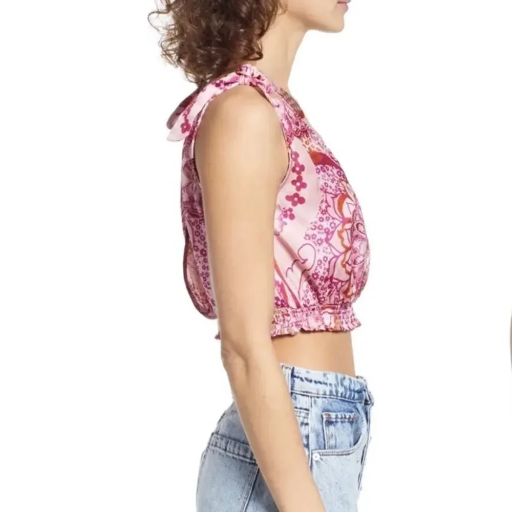 Free People Weekend In Montauk Tank Top Large Smocked Crop Tie Strap NWT Pink